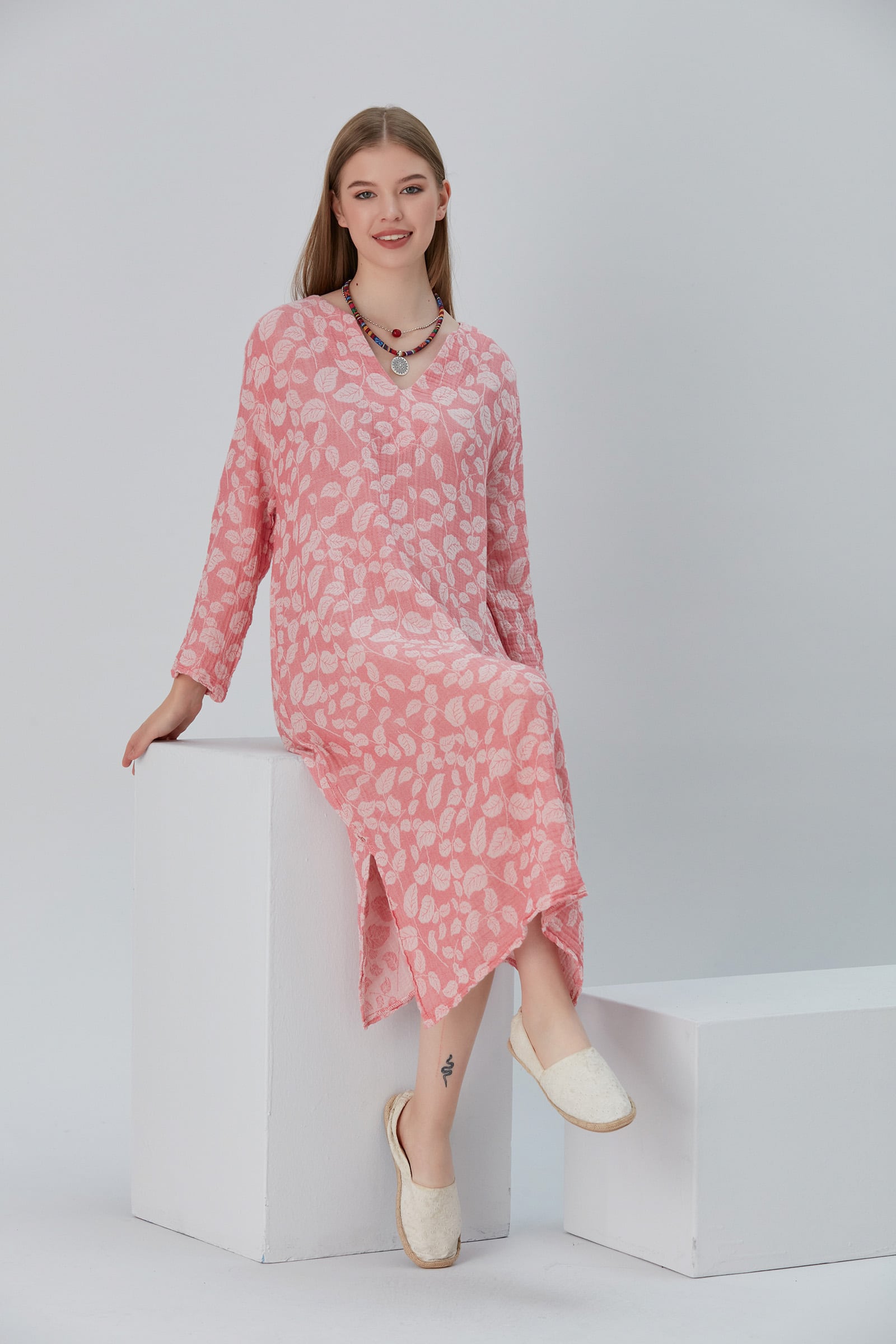 Essentials V-Neck Comfort Fit Cotton Maxi Dress - Pink Essentials V-Neck Comfort Fit Cotton Maxi Dress - Pink