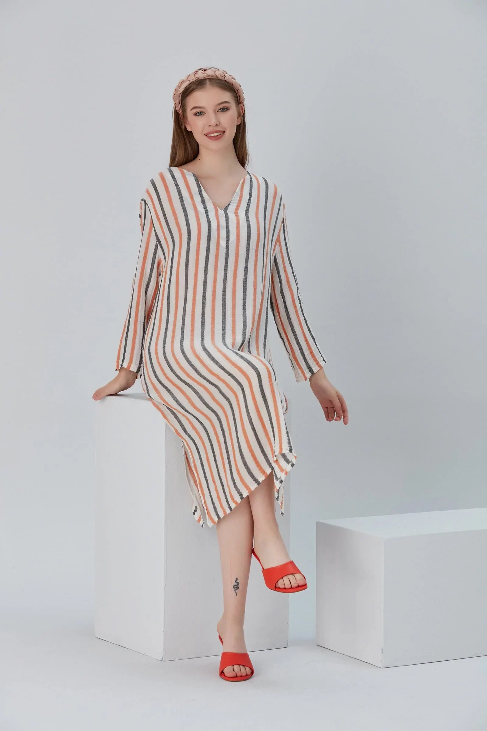 Essentials V-Neck Comfort Fit Cotton Maxi Dress - Orange Black | Begonville Essentials V-Neck Comfort Fit Cotton Maxi Dress - Orange Black | Begonville