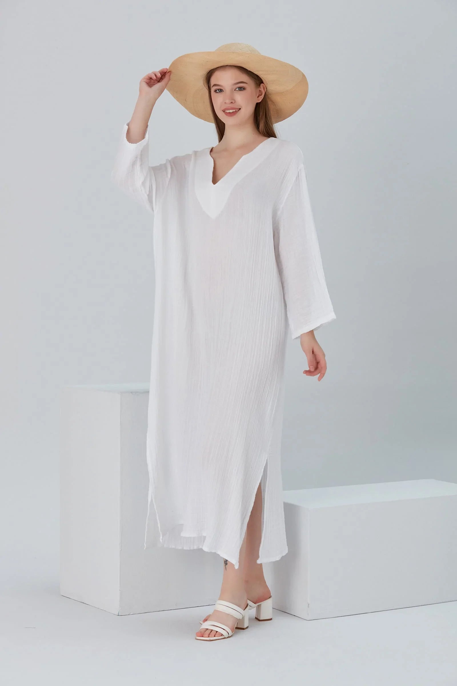 Essentials V-Neck Comfort Fit Cotton Maxi Dress - White | Begonville Essentials V-Neck Comfort Fit Cotton Maxi Dress - White | Begonville