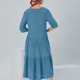 Lena Duo-Color Gauze Midi Dress - Blue