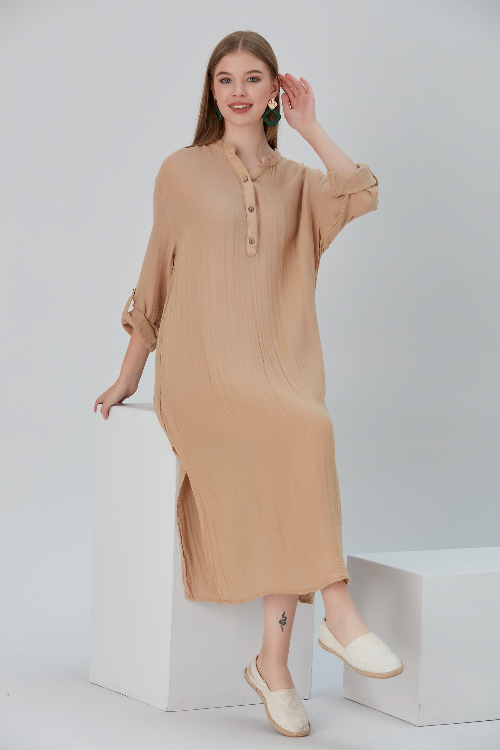 Essentials Buttoned Comfort Fit Maxi Dress - Beige Essentials Buttoned Comfort Fit Maxi Dress - Beige