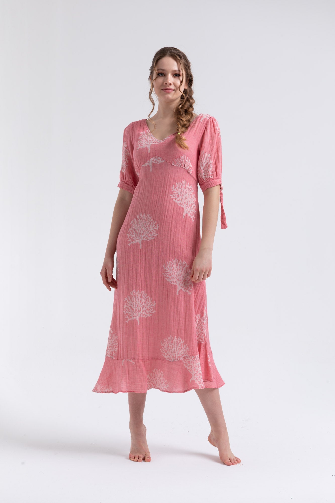 Melody Gauze Cotton Midi Dress - Pink | Begonville Melody Gauze Cotton Midi Dress - Pink | Begonville