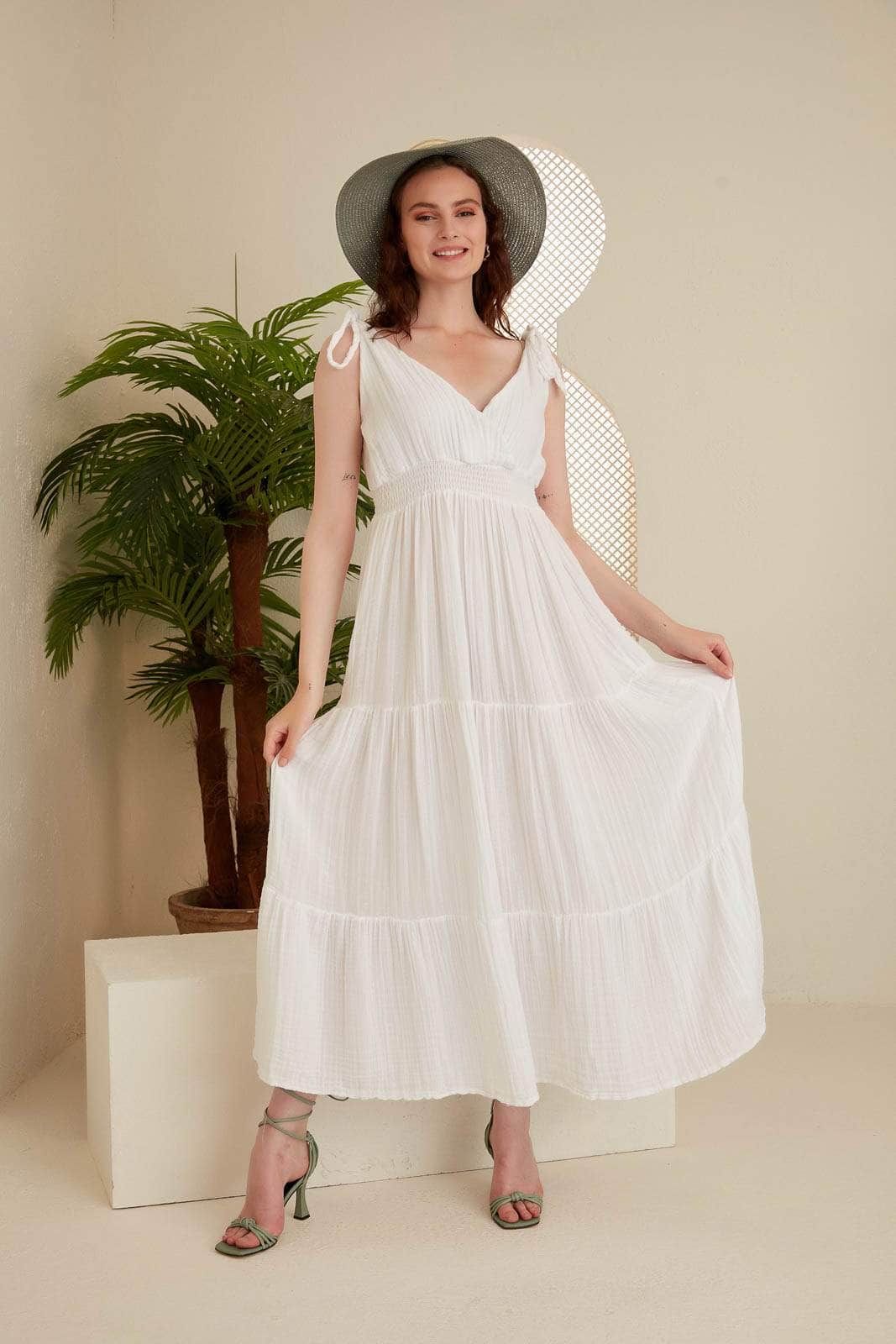 Rea Gauze Tie Strap Maxi Dress - White | Begonville Rea Gauze Tie Strap Maxi Dress - White | Begonville