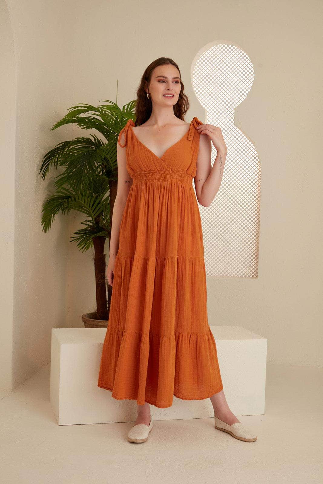 Rea Gauze Tie Strap Maxi Dress - Orange | Begonville Rea Gauze Tie Strap Maxi Dress - Orange | Begonville