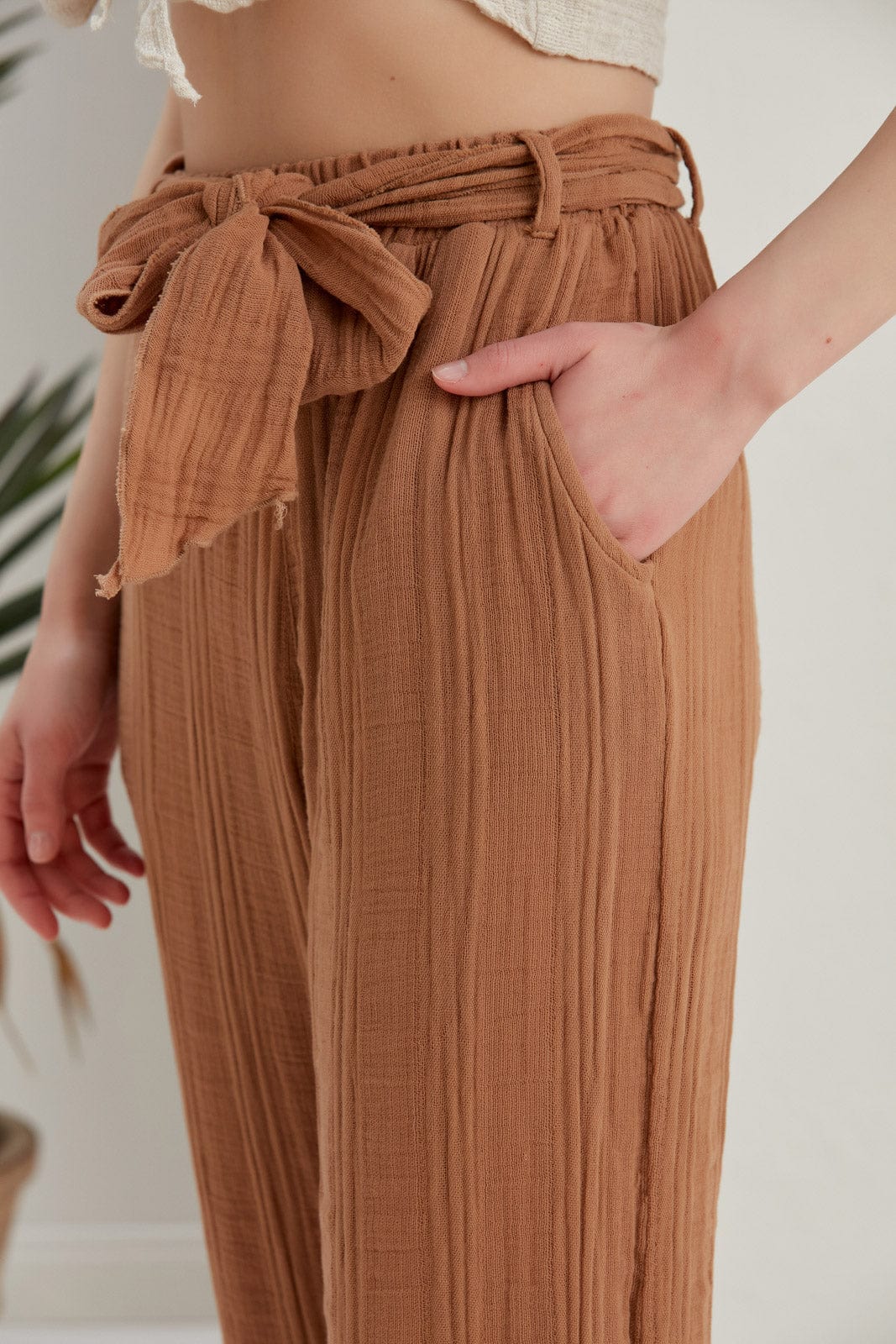 Begonville Fia Belted Gauze Cotton Loose Pants - Cinnamon