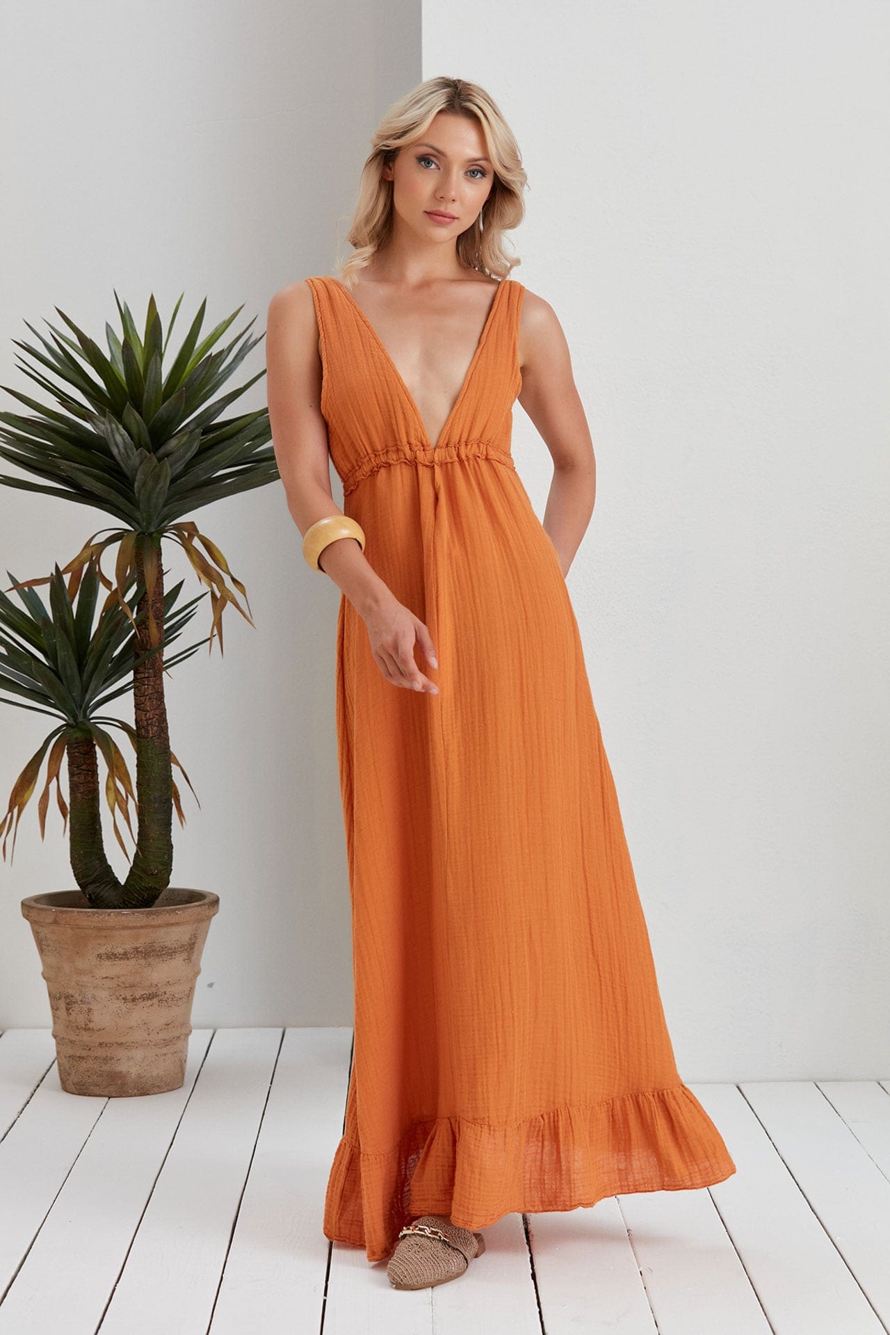 Lucy Cinched Waist Flowy Dress Orange