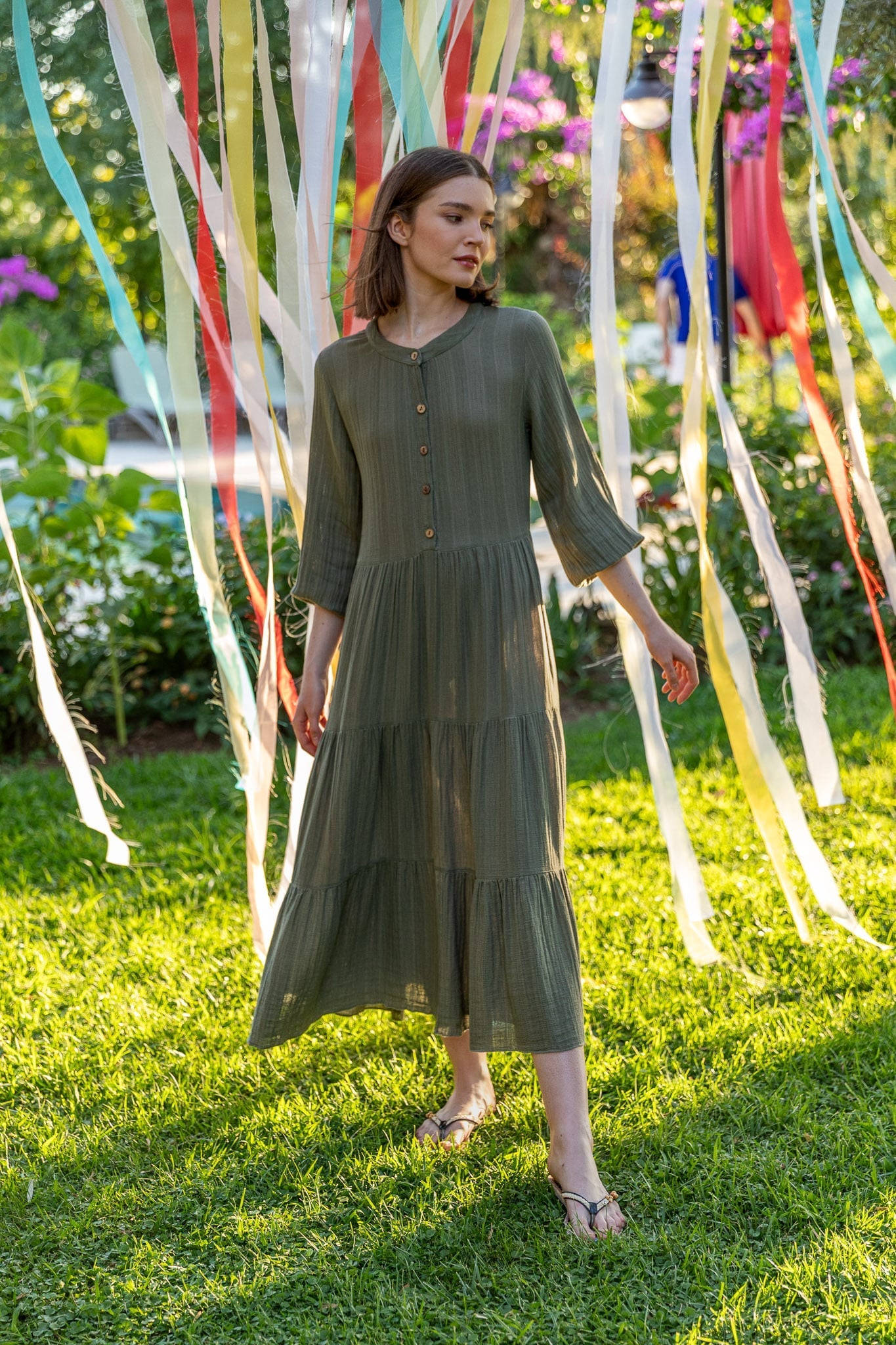 Elodie Button-Front Maxi Dress - Khaki Green