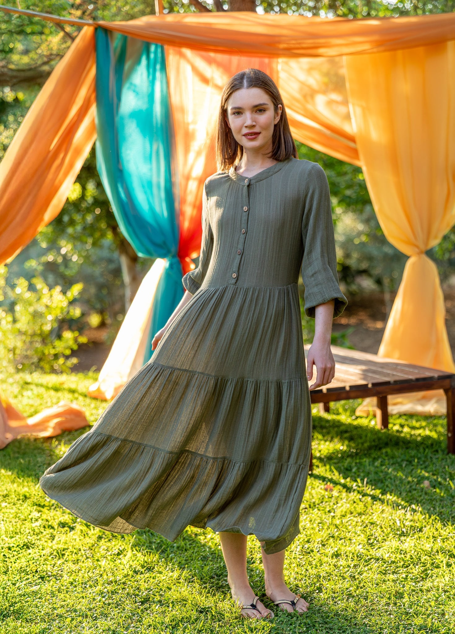 Elodie Button-Front Maxi Dress - Khaki Green | Begonville Elodie Button-Front Maxi Dress - Khaki Green | Begonville