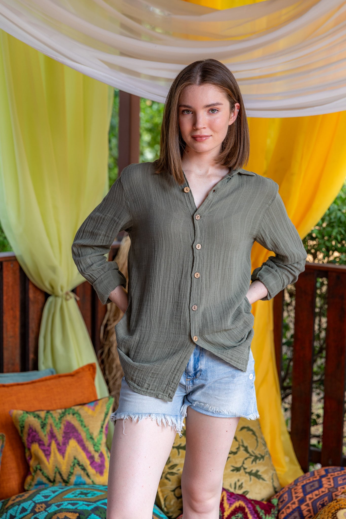 Sage Unisex Muslin Shirt - Khaki