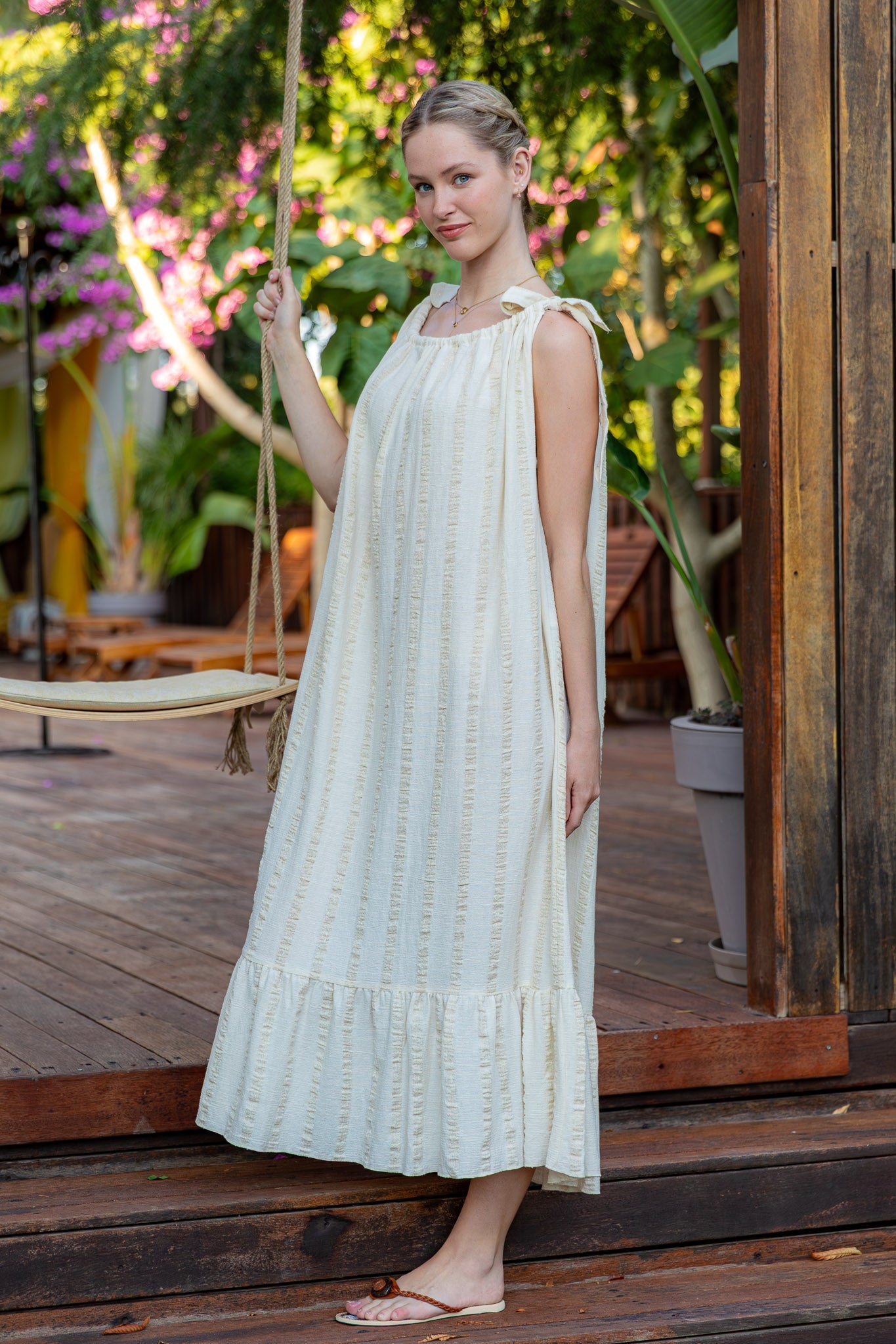 Tuana Tie-Shoulder Maxi Dress - Gold Ecru