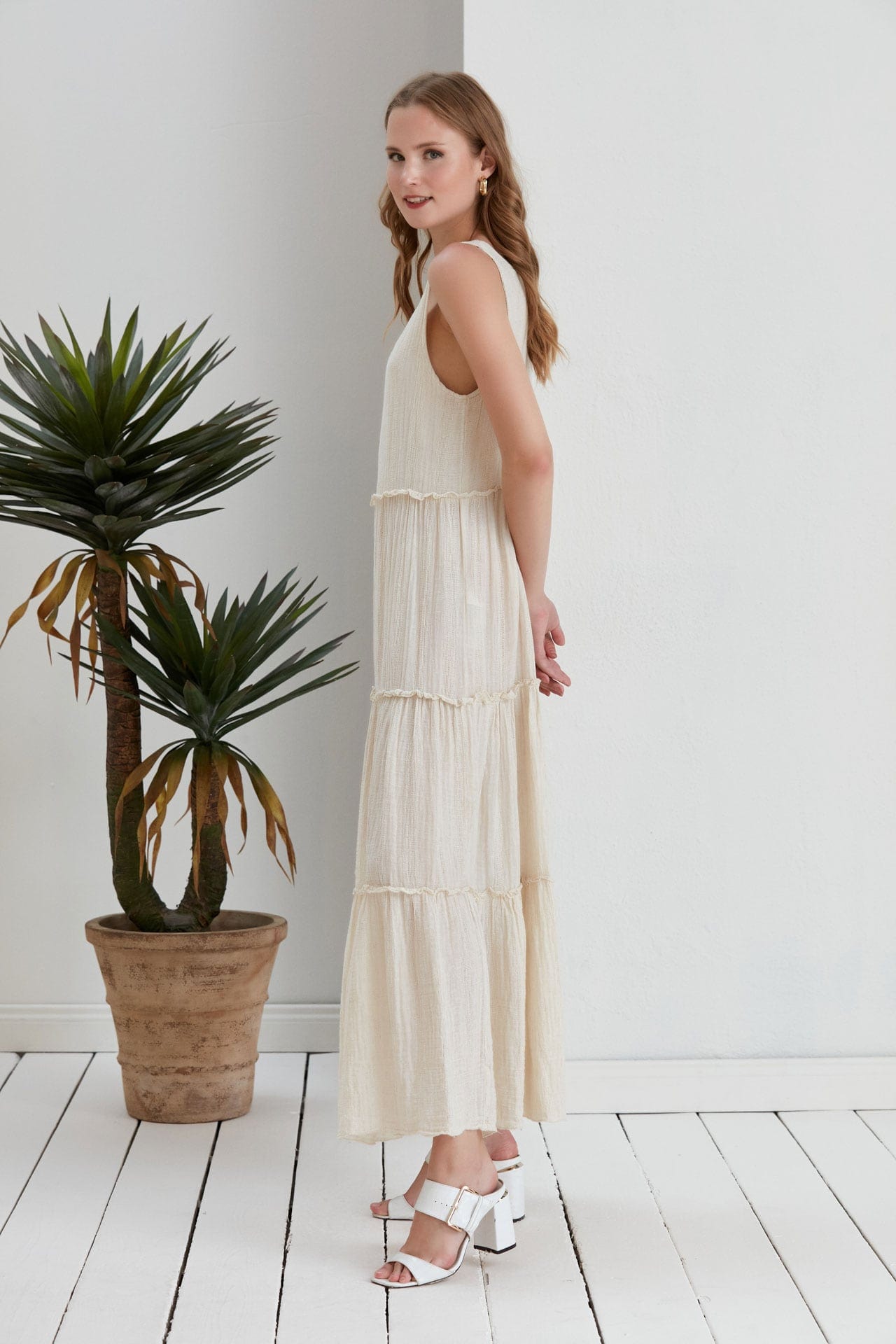 Jolie Tiered Muslin Maxi Dress - Ecru