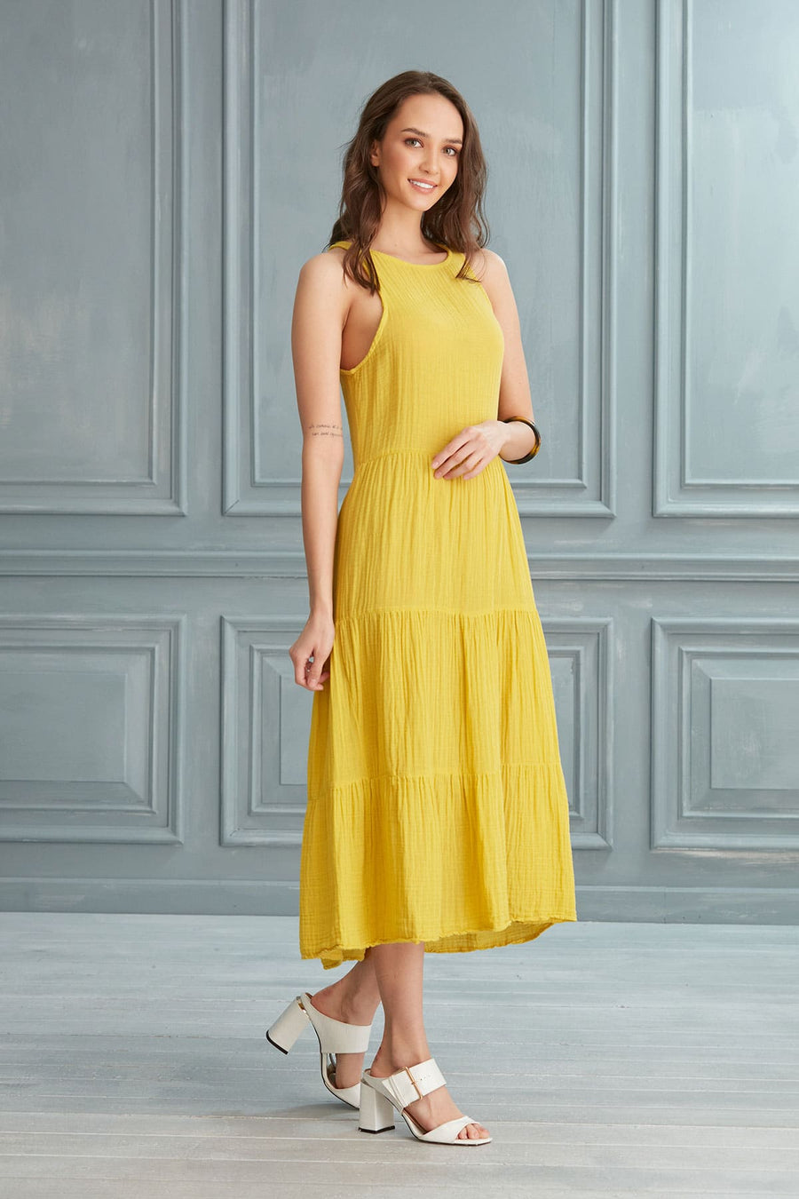 Lily Tiered Gauze Midi Dress - Lemon