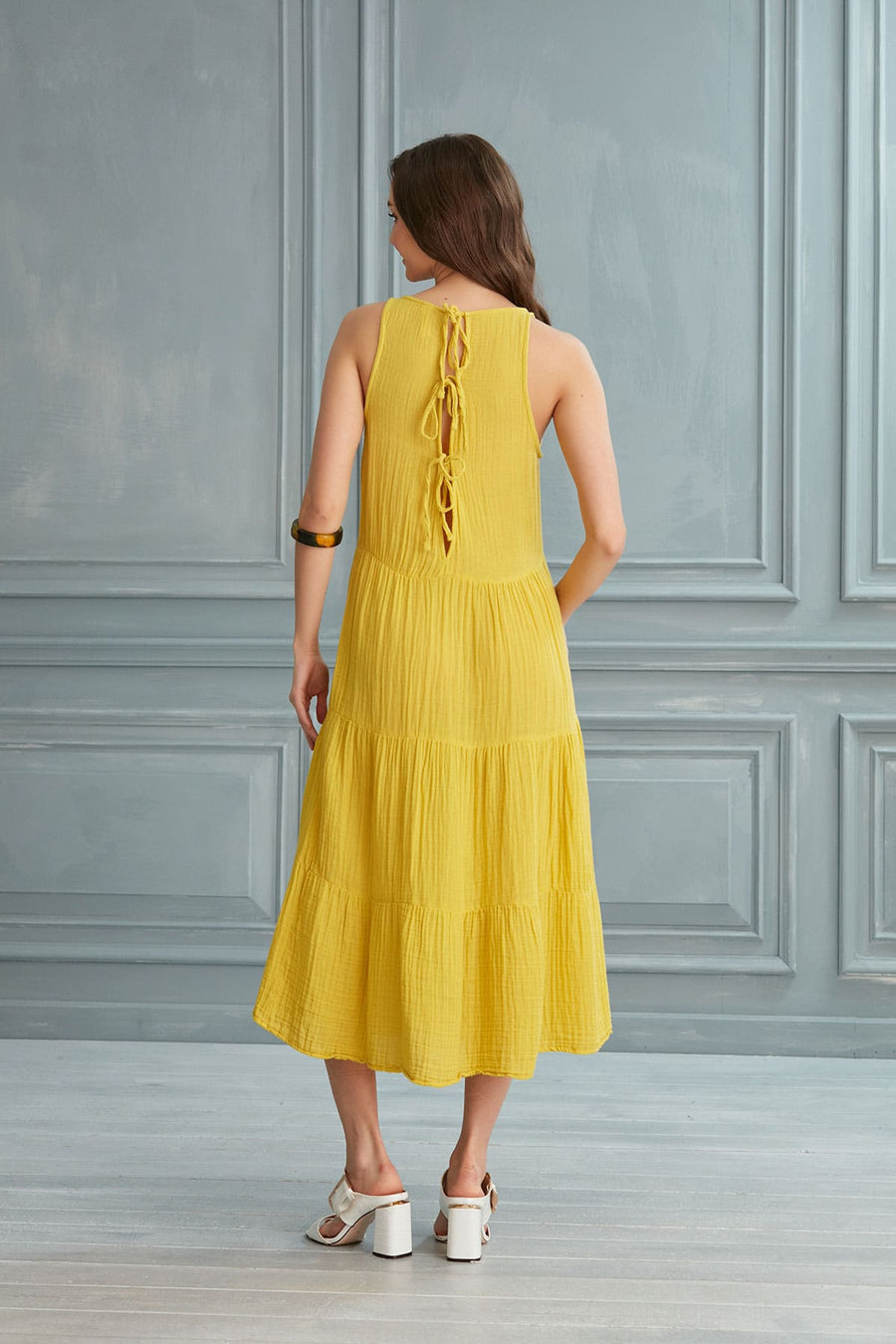 Lily Tiered Gauze Midi Dress - Lemon