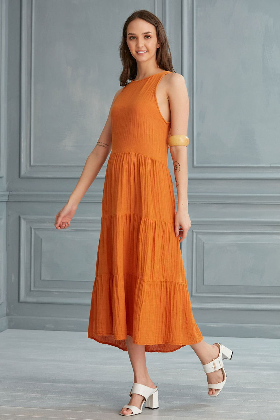 Lily Tiered Gauze Midi Dress - Orange