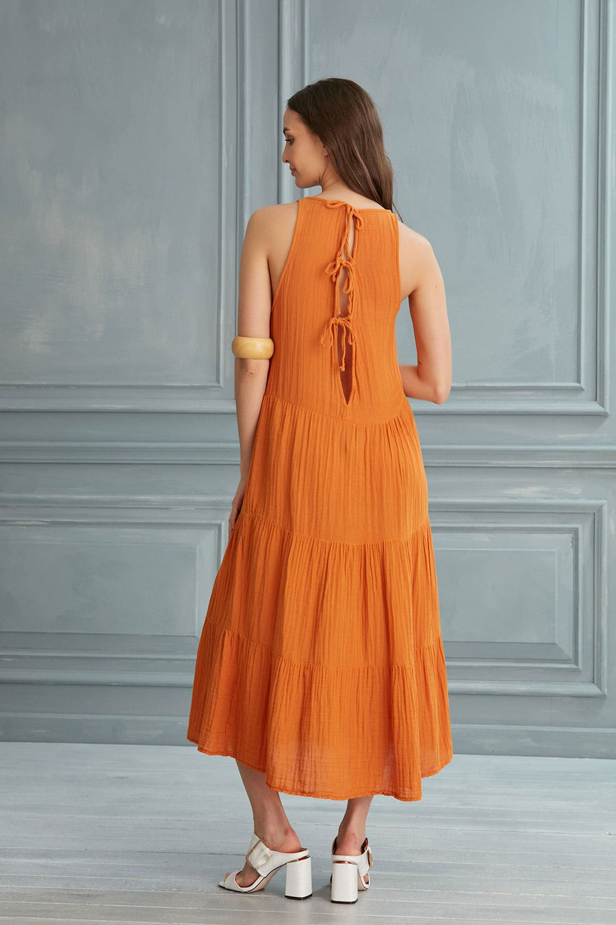 Lily Tiered Gauze Midi Dress - Orange