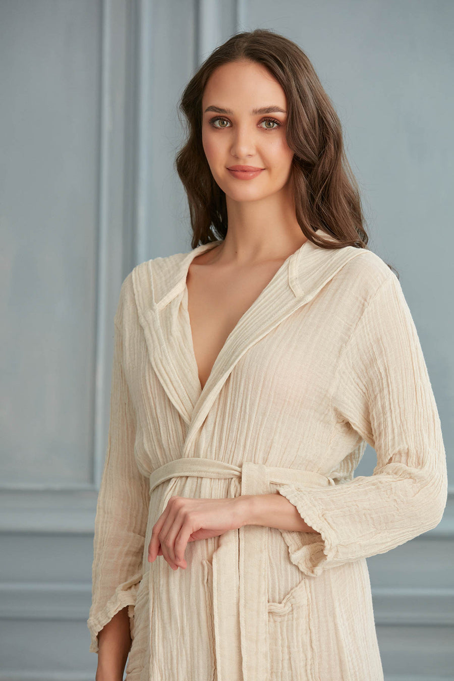 Helia Linen Cotton Gauze Hooded Robe - Ecru