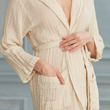 Helia Linen Cotton Gauze Hooded Robe - Ecru