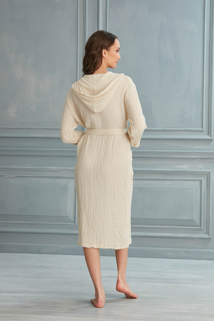 Helia Linen Cotton Gauze Hooded Robe - Ecru