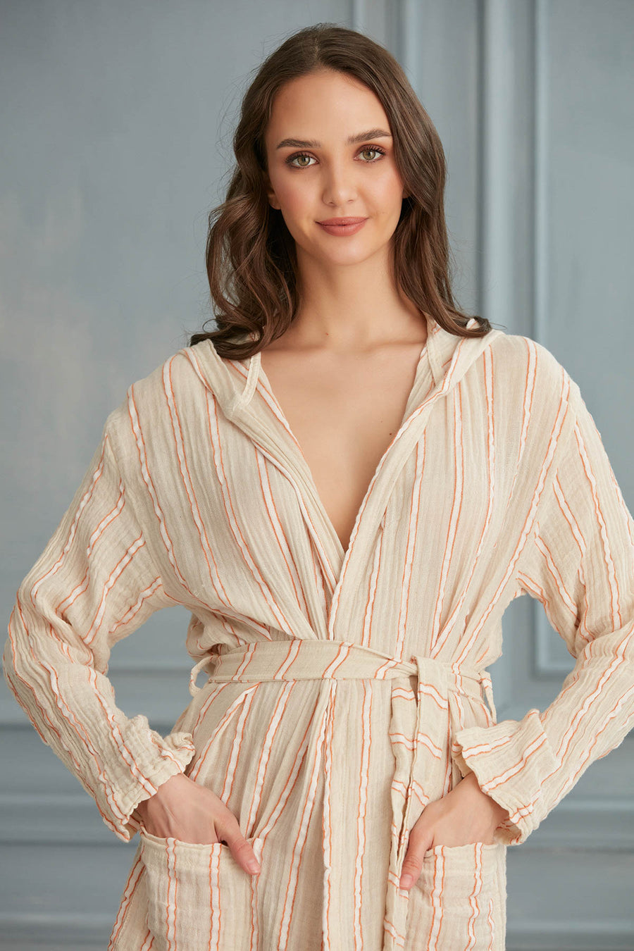 Helia Linen Cotton Gauze Hooded Robe - White Orange