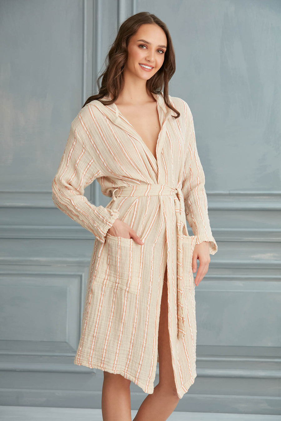 Helia Linen Cotton Gauze Hooded Robe - White Orange