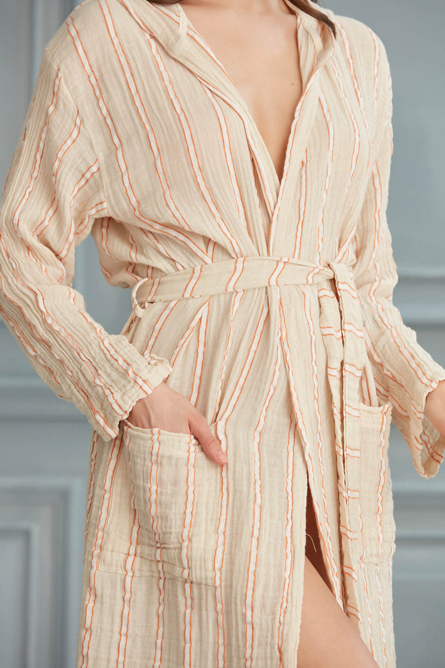 Helia Linen Cotton Gauze Hooded Robe - White Orange