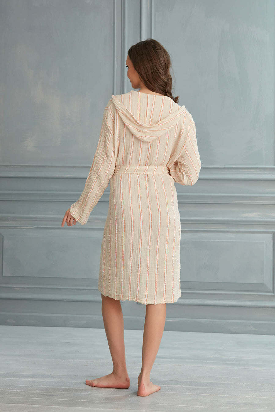 Helia Linen Cotton Gauze Hooded Robe - White Orange