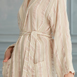 Helia Linen Cotton Gauze Hooded Robe - White Brown