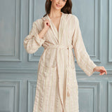 Helia Linen Cotton Gauze Hooded Robe - White Brown
