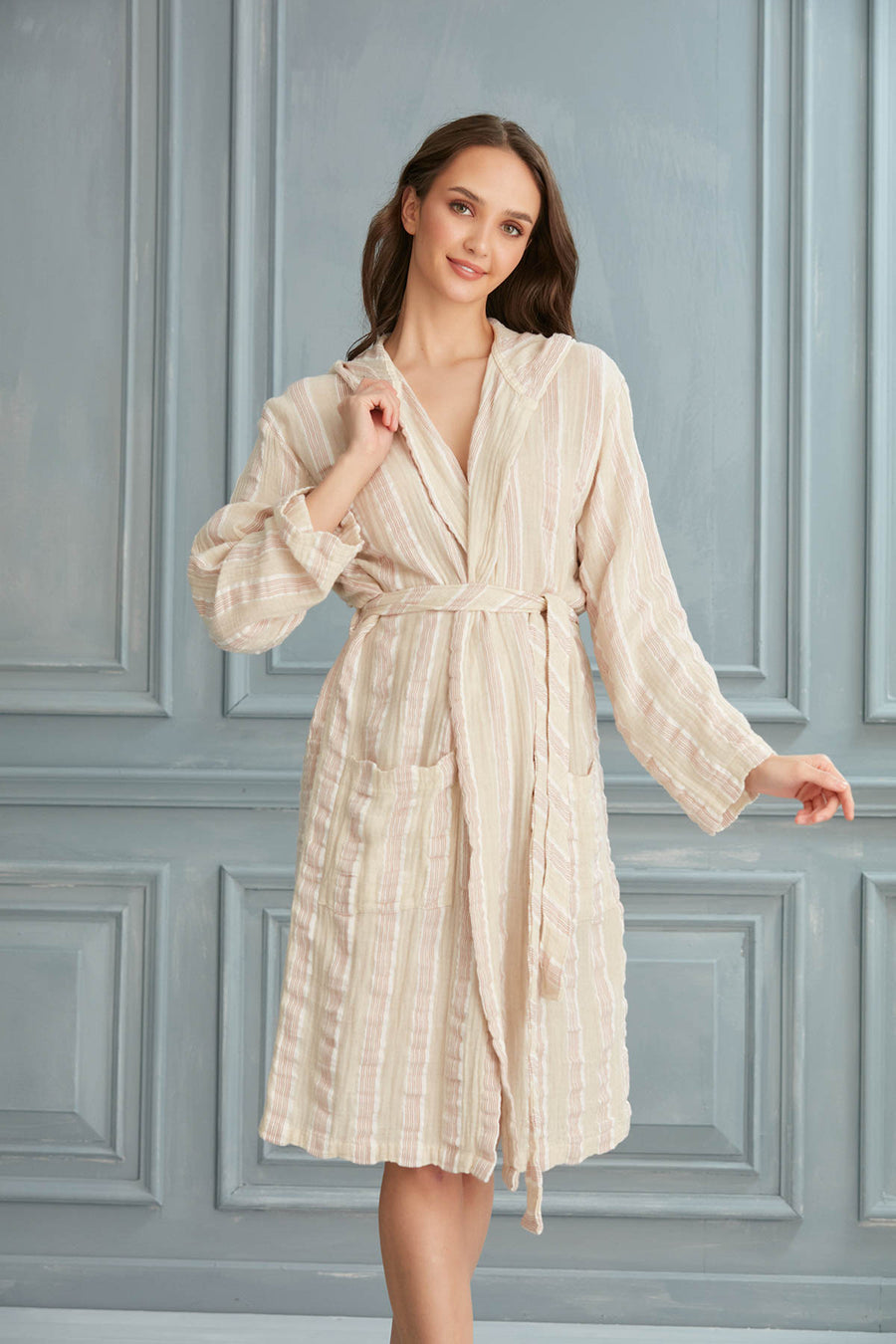 Helia Linen Cotton Gauze Hooded Robe - White Brown