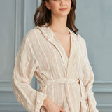 Helia Linen Cotton Gauze Hooded Robe - White Brown