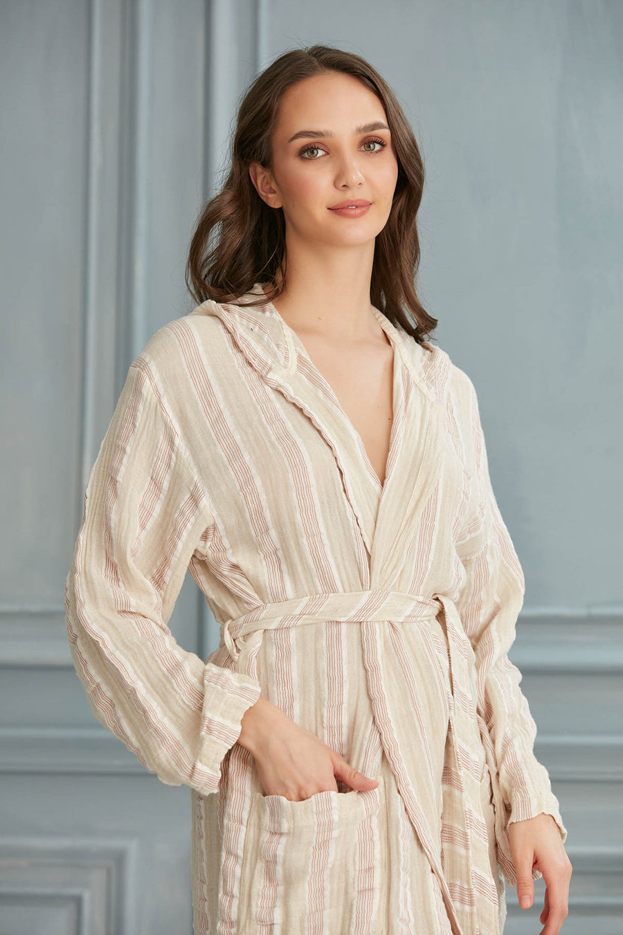 Helia Linen Cotton Gauze Hooded Robe - White Brown