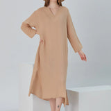 Essentials V-Neck Comfort Fit Cotton Maxi Dress - Beige