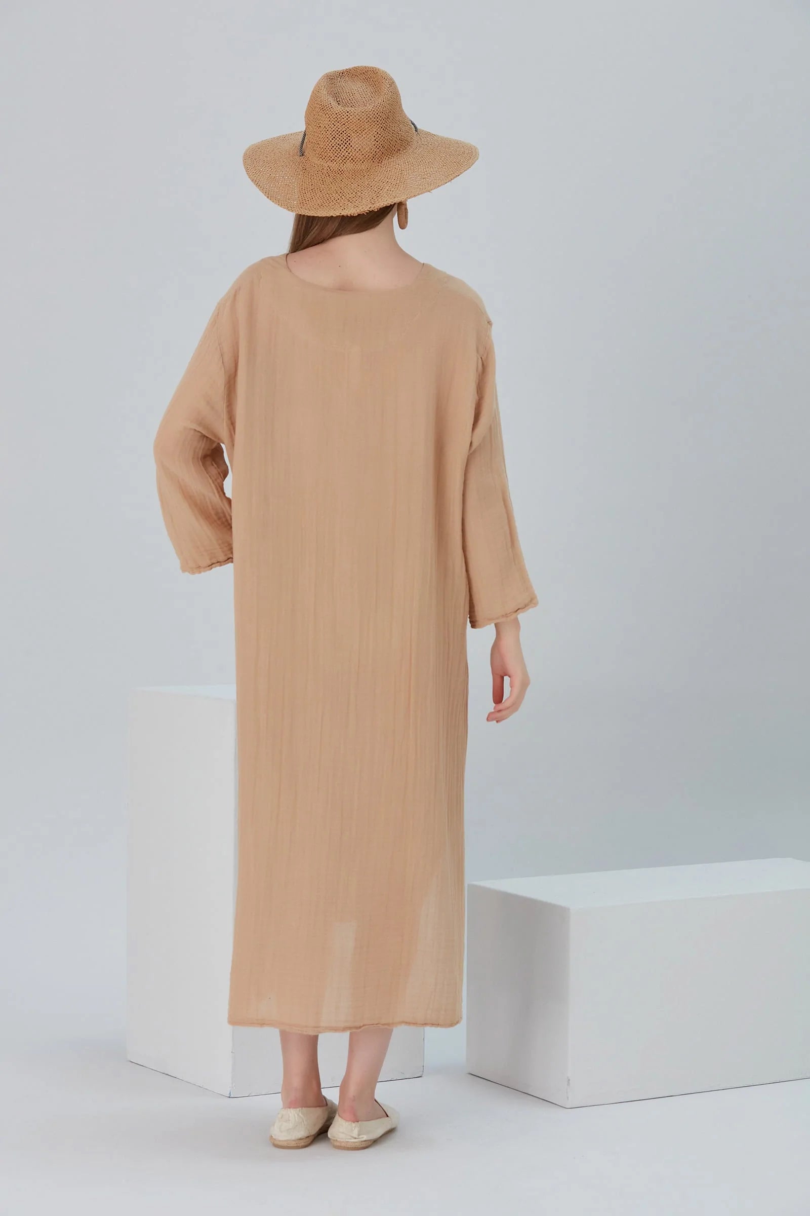 Essentials V-Neck Comfort Fit Cotton Maxi Dress - Beige