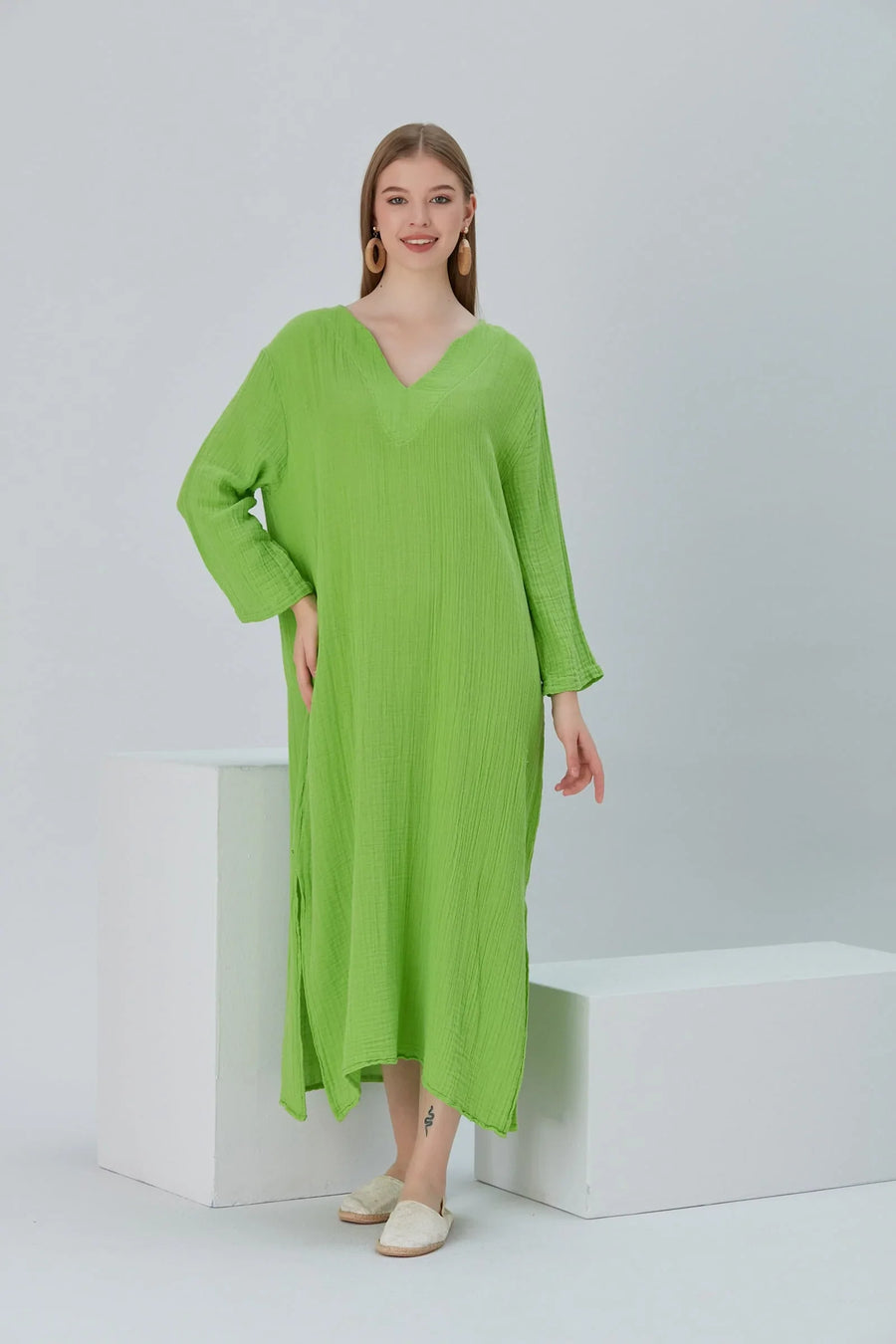 Essentials V-Neck Comfort Fit Cotton Maxi Dress - Pistachio