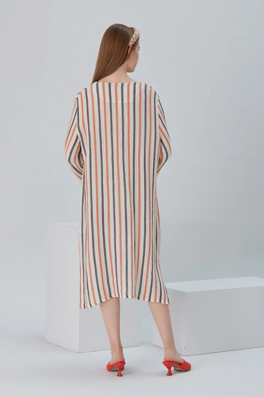 Essentials V-Neck Comfort Fit Cotton Maxi Dress - Orange Black