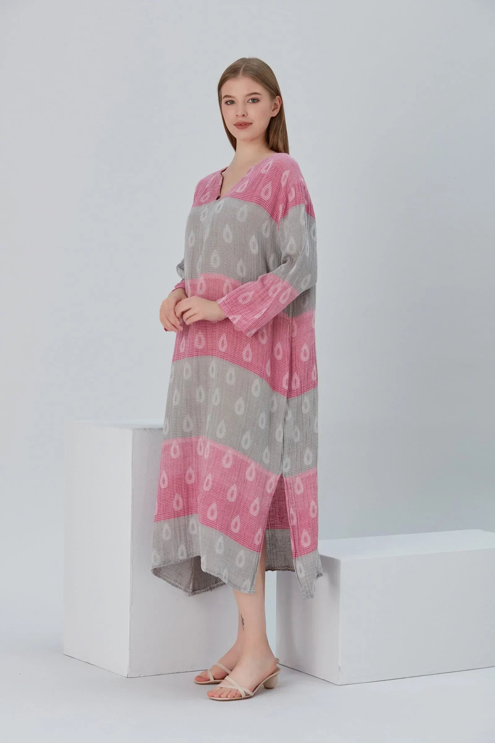 Essentials V-Neck Comfort Fit Cotton Maxi Dress - Pink Grey