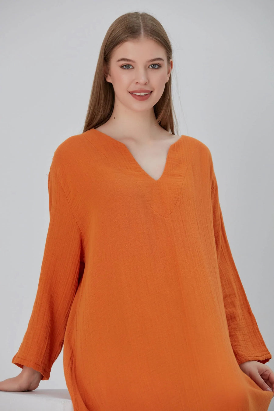 Essentials V-Neck Comfort Fit Cotton Maxi Dress - Orange