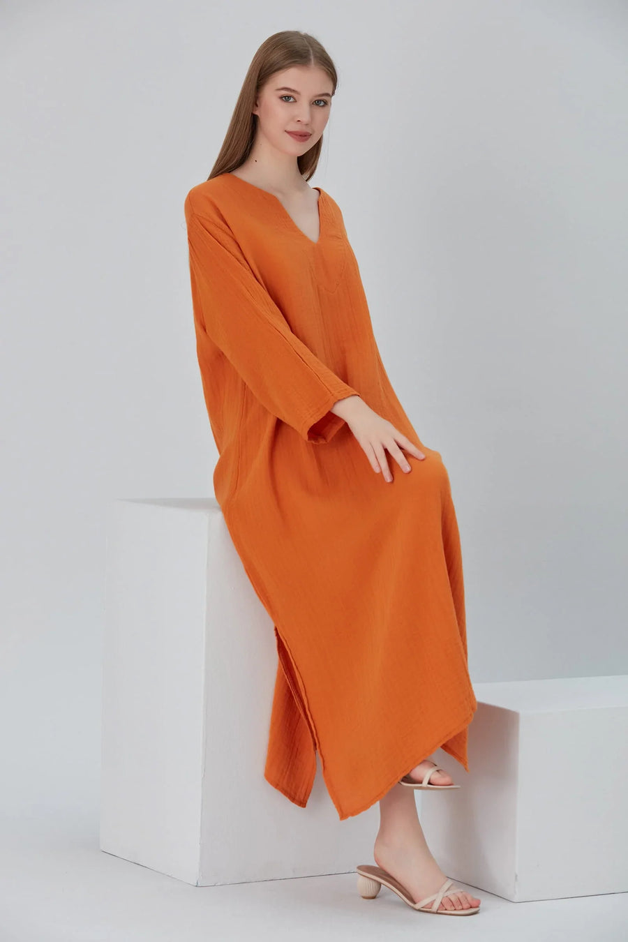 Essentials V-Neck Comfort Fit Cotton Maxi Dress - Orange