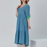 Lena Duo-Color Gauze Midi Dress - Blue