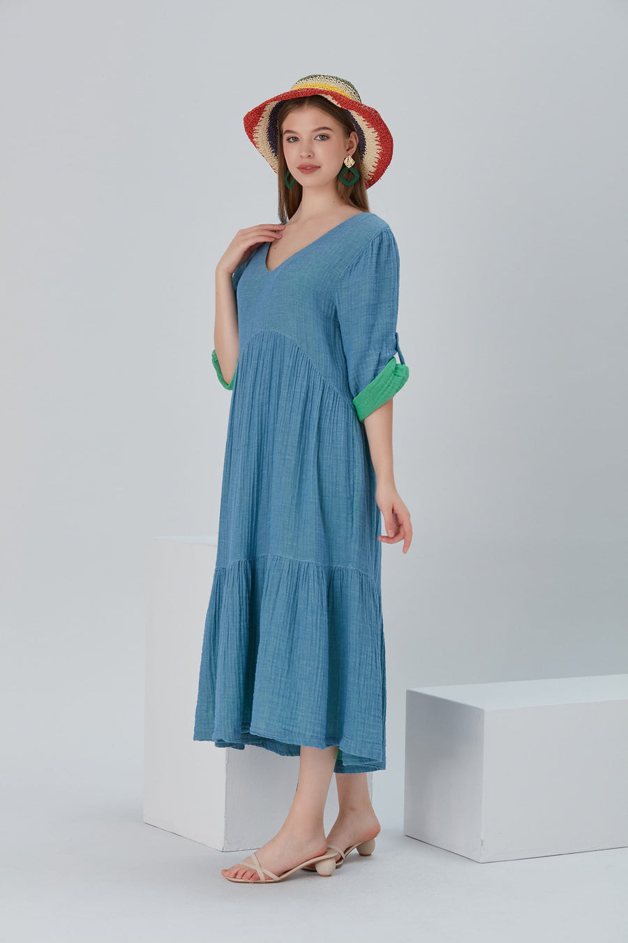 Lena Duo-Color Gauze Midi Dress - Blue