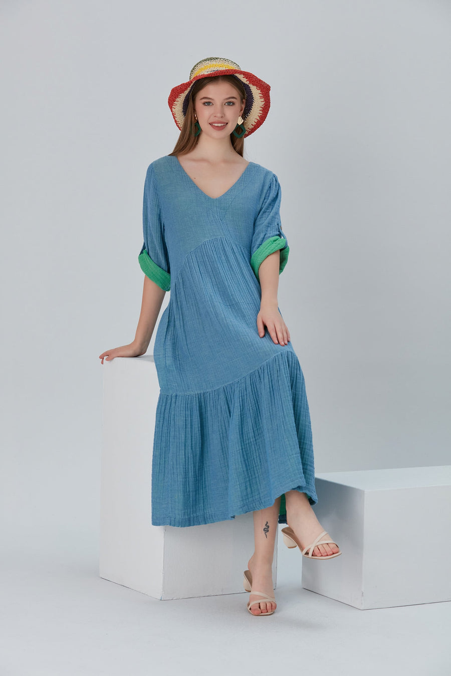 Lena Duo-Color Gauze Midi Dress - Blue