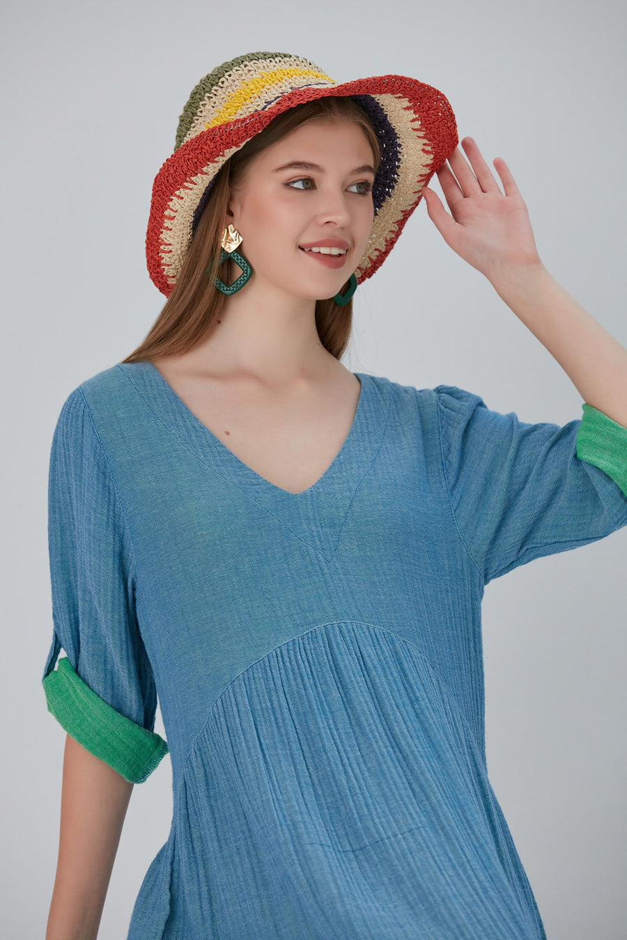 Lena Duo-Color Gauze Midi Dress - Blue