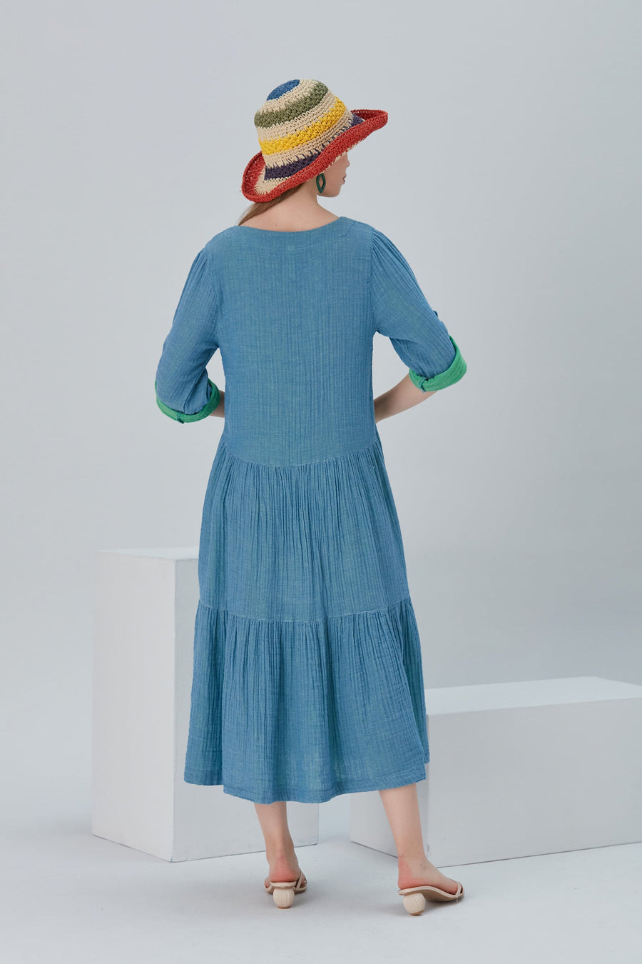 Lena Duo-Color Gauze Midi Dress - Blue