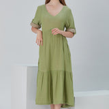 Lena Duo-Color Gauze Midi Dress - Olive