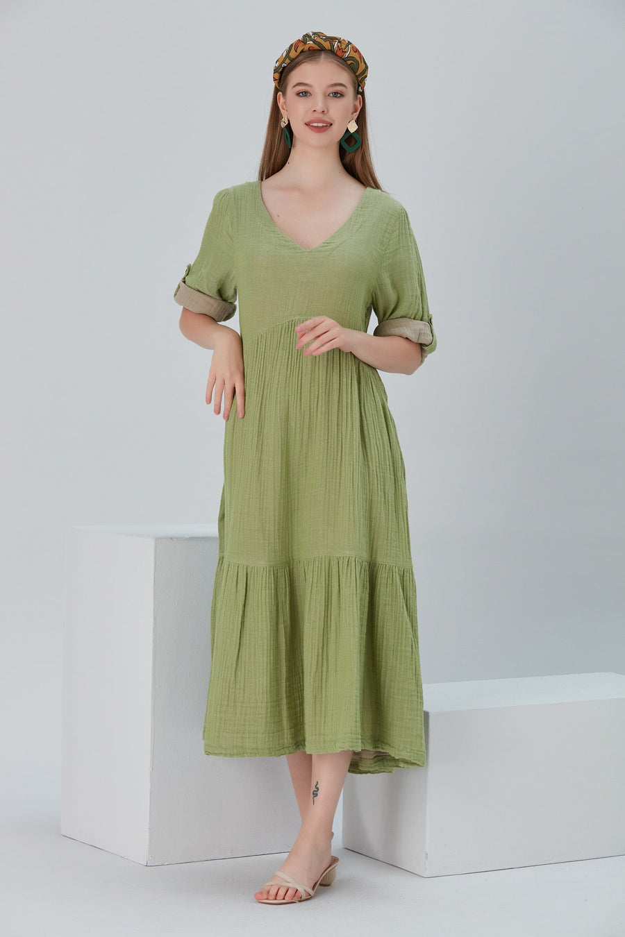 Lena Duo-Color Gauze Midi Dress - Olive
