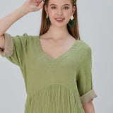 Lena Duo-Color Gauze Midi Dress - Olive