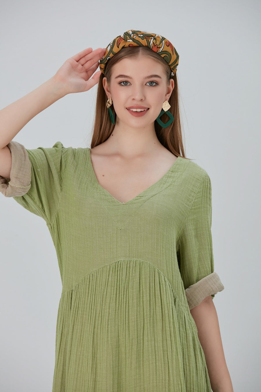 Lena Duo-Color Gauze Midi Dress - Olive