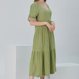 Lena Duo-Color Gauze Midi Dress - Olive