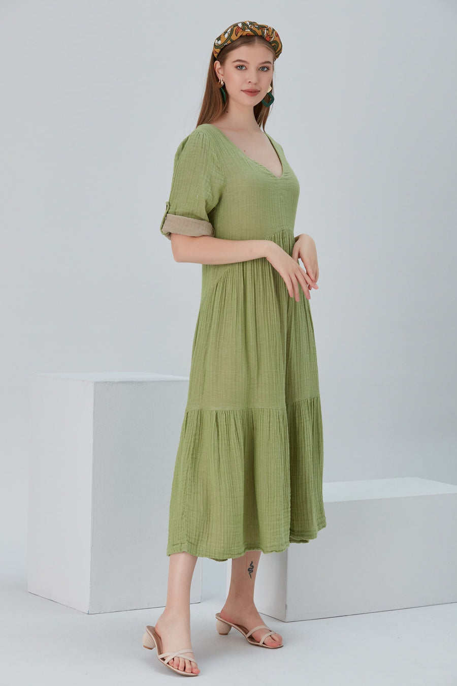 Lena Duo-Color Gauze Midi Dress - Olive