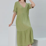 Lena Duo-Color Gauze Midi Dress - Olive